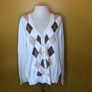 Izod Cream and Brown Argyle Cardigan Sweater New